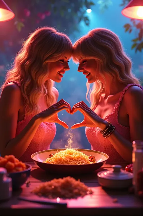 kitchen background Taylor Swift and Shakira using both hands to form a heart both of them are in a kitchen making spaghetti and other recipes while a neon glow of colors goes by with them