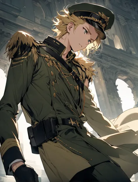 Beautiful man, beautiful man, blond hair, hairstyle that exposes his forehead, medium short hair that reaches his shoulders, wears a military cap,, wears gloves, ソロ, lower angle