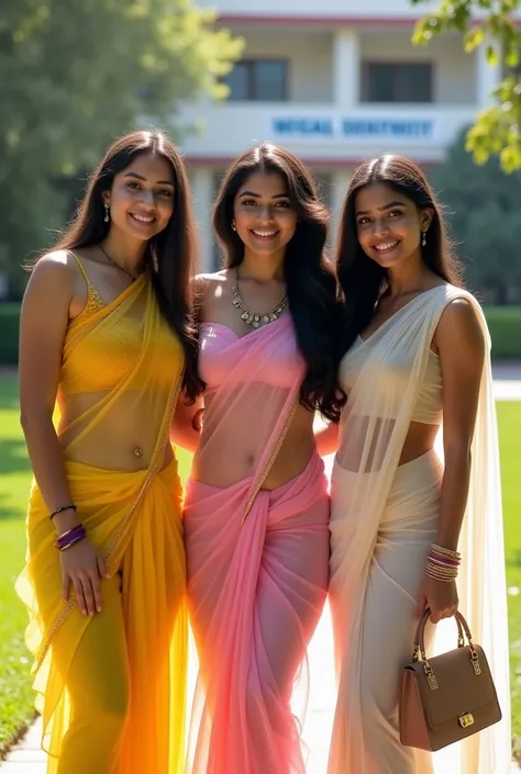 3 indian college girls, all 21yo,white skin, oily body, posing for farewell, infront of college department, bright sunny day, one in left wearing yellow see through saree, sleeveless blouse, 32dd breasts, fair skin, navel visible(wearing waist chain), one ...