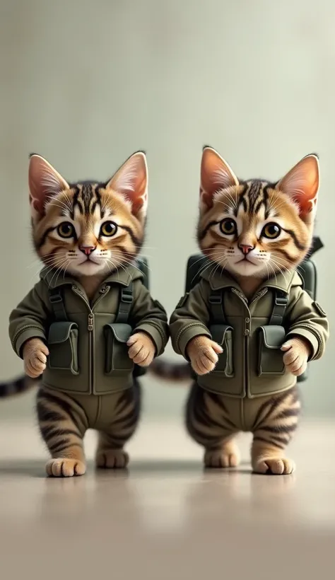 Realistic cute cats are wearing combat uniforms、Crawling forward、 walking on two legs、The type of cat is American Shorthair,