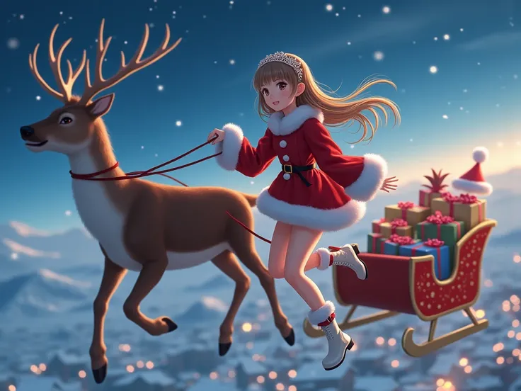 A Japanese girl in a Santa Claus costume, beautiful one girl, white slim knee-high heel boots, Long light brown hair, Flying in the sky with a sled pulled by two reindeer, There are many gifts on the sleigh, Below you can see the houses in the city at nigh...