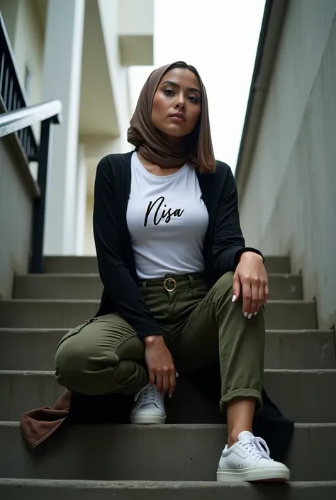 a young native indonesian woman with white and smooth body big boobs udzlang style kece on the stairs on top of the building face facing the front camera 
Yes, I want to wear a white T-shirt with the letters NISA name wearing cardinan wear cargo pants Blac...