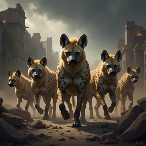 "Show a Hyena pack on the battlefield, fully prepared for battle, with determination and strength in their eyes. Surround them with broken and burned buildings emitting smoke and sparks. The battlefield is covered in dust and debris, under a dark sky fille...