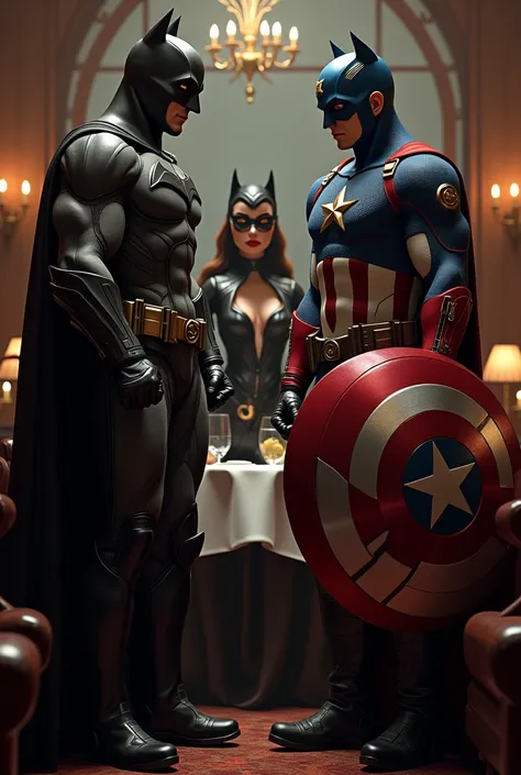 Batman and catwoman in a restaurant with captain America 