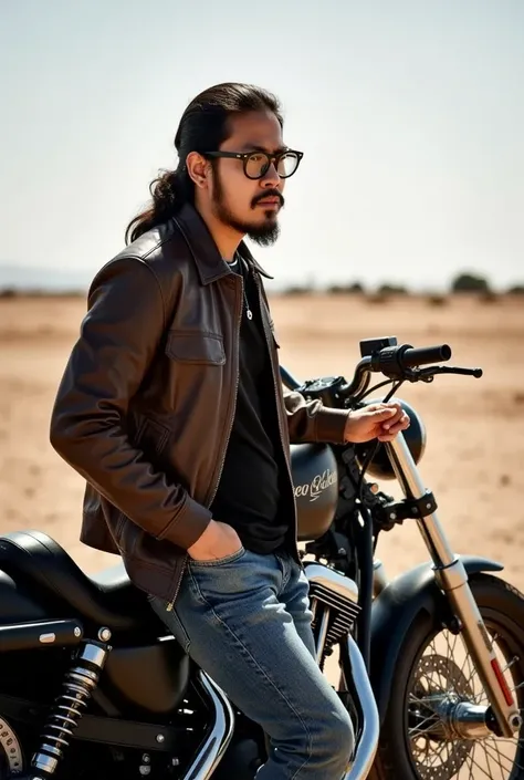 A 30-year-old Korean man with tied hair, glasses, a beard, a leather jacket and jeans, a cigarette in his right hand, about to take a puff, stands next to a large chopper motorcycle on a sidewalk in the middle of the Mexican desert.