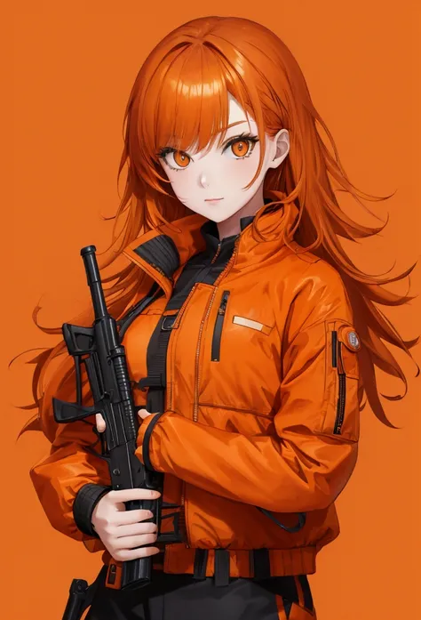 brave girl holding gun , orange jacket , orange hair , beauty , elegant , orange background