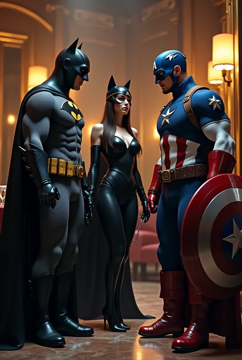 Batman and catwoman in a restaurant with captain America 