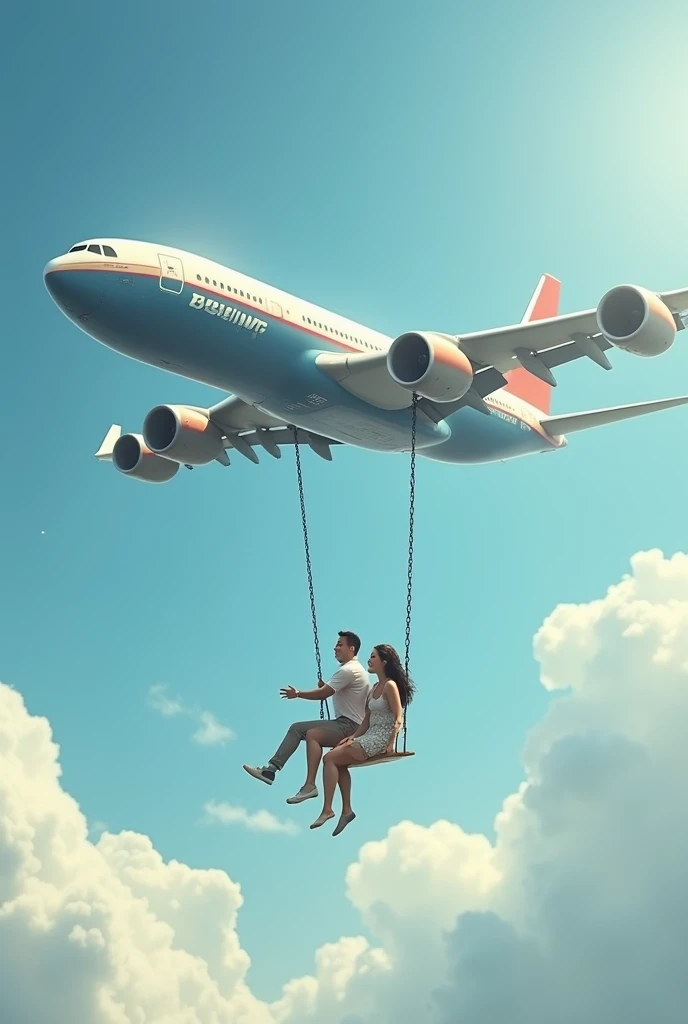 A highly realistic scene of a large Boeing airplane flying in the sky with a single swing securely attached on top of it. A   sits on the swing, laughing joyfully as their mother stands behind, gently pushing them to swing higher. The camera angle captures...