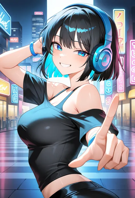 1girl, looking at viewer, short hair, blund ends, medium breasts, headphones, off-shoulder shirt, hand on headphones, dancing, pointing at viewer, grin, city, neon lights, masterpiece, best quality, very aesthetic, absurdres