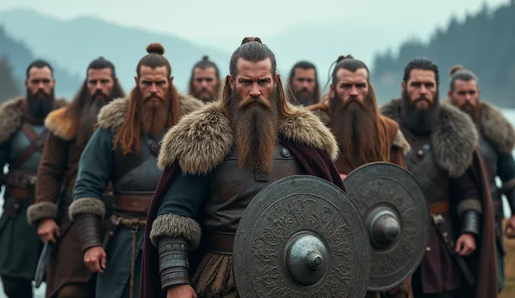 "A group of 10th-century Viking warriors standing together, looking directly at the camera with fierce and determined expressions. They wear traditional Viking attire, including chainmail, leather armor, and fur cloaks, with some holding axes, swords, or s...