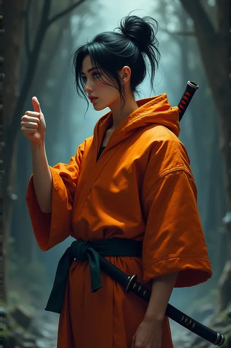 (Ultra-detailed face, Looking away, Fantasy Illustration with Gothic, Dark tone colors. A Japanese ninja, with a sword, wearing orange karate gear, with one hand with thumbs up