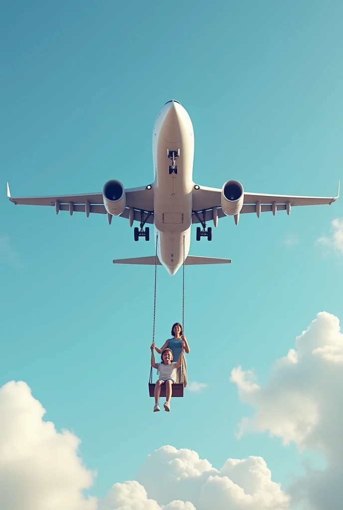 A highly realistic scene of a large Boeing airplane flying in the sky with a single swing securely attached on top of it. A   sits on the swing, laughing joyfully as their mother stands behind, gently pushing them to swing higher. The camera angle captures...