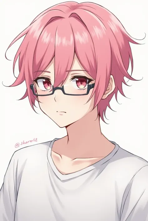  illustration, realistic, Alone, high definition, serious face, simple background,  pink hair, male, 30 year old, reddish pink eyes, white cutter shirts, glasses, transform game character as a male character, short hair