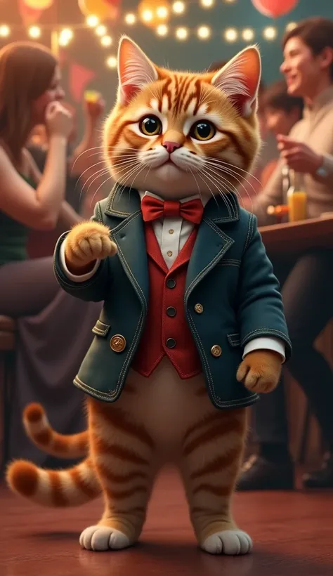  realistic cute cat at the party is wearing a tailcoat、パーティーにいる、 walking on two legs、The type of cat is American Shorthair,