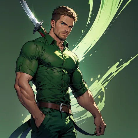 1 man, male focus solo,45 yo man,Stephen AMELL as green arrow,  lean muscle, ((open dark green shirt, dark green jeans with brown belt)) ,(( big bulge)), full body shot, dark blond short hair, well groomed facial hair, holding a sword with one hand, , ultr...