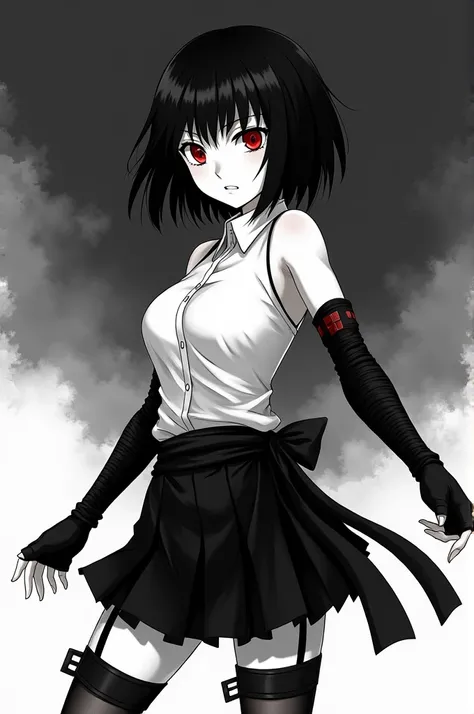  Naruto manga style : Black Short Hair Woman,fringe, red and penetrating eyes ,  expression intimacy , Ninja heels , one-sleeve white dress shirt,  glove covering the entire left arm ,Black skirt