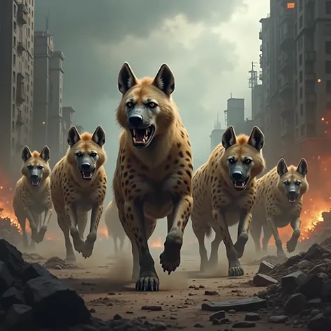 "Show a Hyena pack on the battlefield, fully prepared for battle, with determination and strength in their eyes. Surround them with broken and burned buildings emitting smoke and sparks. The battlefield is covered in dust and debris, under a dark sky fille...