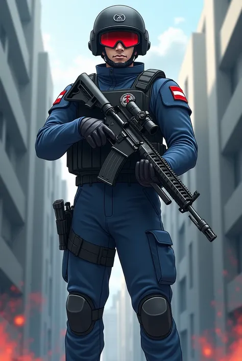 Anime military soldier. Blue uniform, red sunglasses, black helmet, kneepads, carrying m4 rifle 