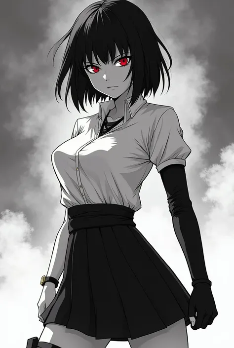  Naruto manga style : Black Short Hair Woman,fringe, red and penetrating eyes ,  expression intimacy , Ninja heels , one-sleeve white dress shirt,  glove covering the entire left arm ,Black skirt