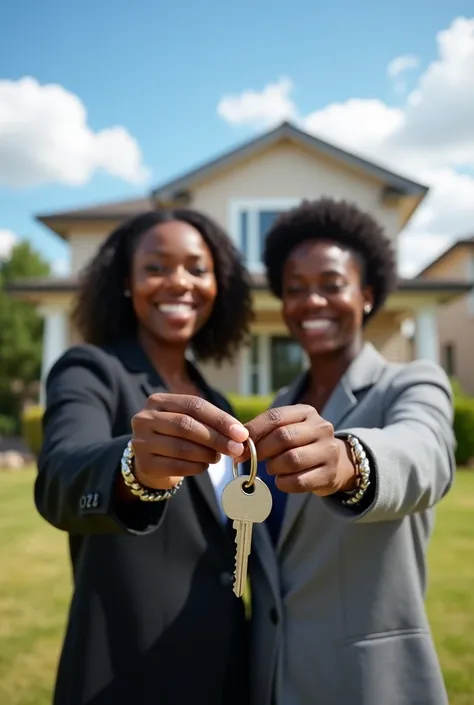 "A pair of realtors , black, holding the keys to a house,  with a sunny landscape in the background . The house is modern,  with a well-kept garden .  The sky is blue with some clouds and the scene conveys hope,  fulfillment and a promising future .