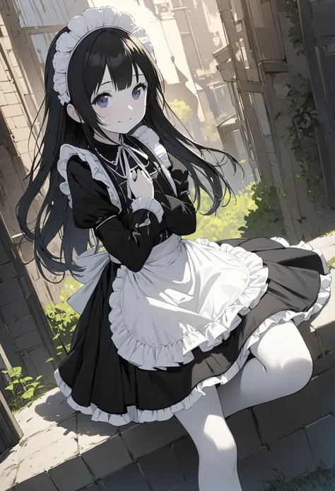 Masterpiece, high quality, high resolution, 16K, illustration by Makoto Shinkai, detailed background depiction, petite girl, black hair, long hair, gothic lolita, maid outfit, white skin, long eyelashes, beautiful eyes, beautiful legs, over knee high, bend...