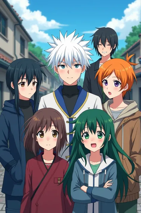 Six teenage friends, Animated style that it is not Kwai ,  one white hair color, Another black , another blue, The other green , another orange ,  another heavenly that they are a town (3 men and 3 women, Be guided by the Demon Slayer animation) The white-...