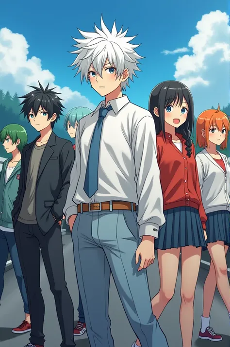 Six teenage friends, Animated style that it is not Kwai ,  one white hair color, Another black , another blue, The other green , another orange ,  another heavenly that they are a town (3 men and 3 women,  be guided by the Demon Slayer animation) The white...