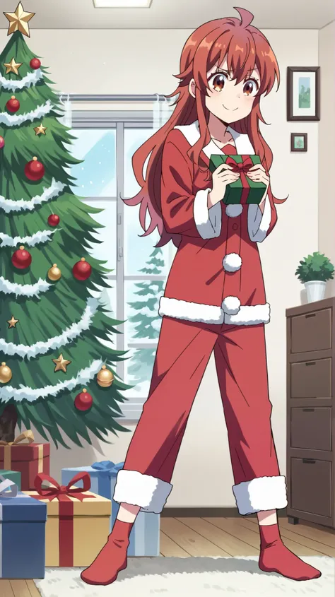 score_10, score_8, sharp, anime screencap, flat colors, flat shadows,source_anime, anime,BREAK, yoshida yuuko (machikado mazoku),brown eyes,red hair,long hair, smiling, open giftbox, dressed red Christmas pajamas with christmas things, full body, in a livi...