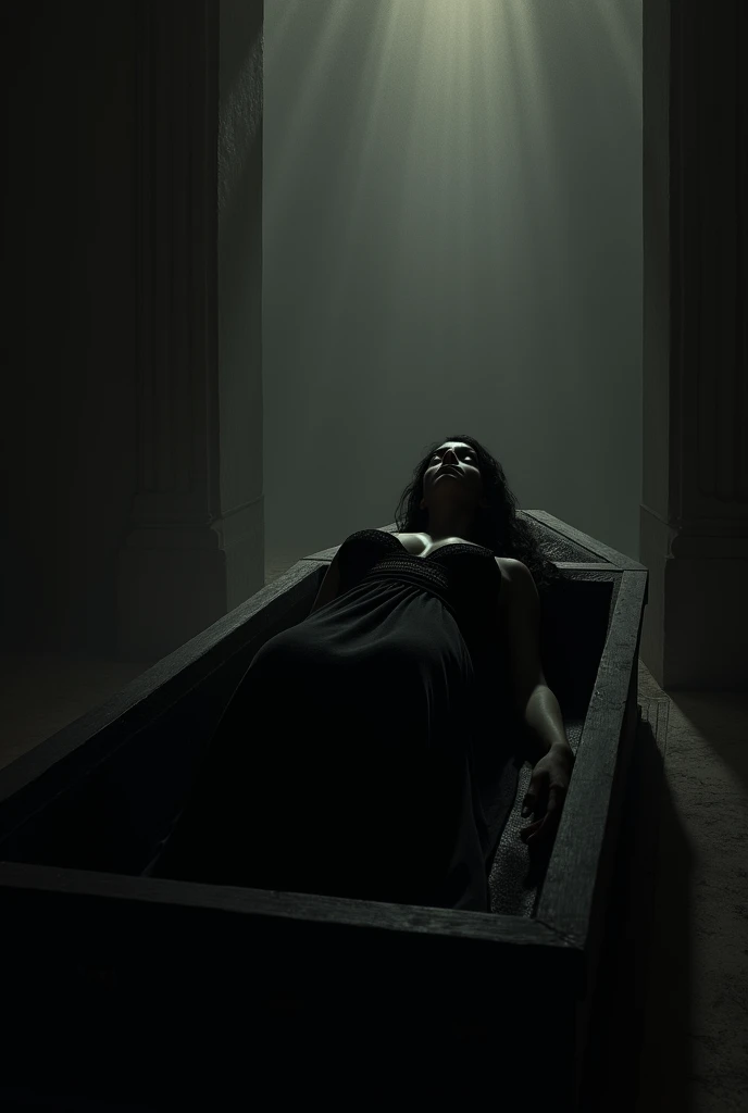 Silhouette of a woman lying in a horizontal coffin from afar and inside a museum image for advertising 