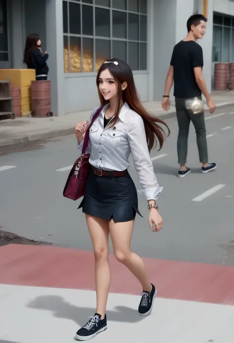 college woman, walking, zebra crossing, city street (+forehead, long straight hair, black hair, brown streaked hair, brown ombre, 2 colored hair, hairclip), wears prussian-blue denim long sleeves jaclet, white collared undershirt, navy-blue denim pencil mi...