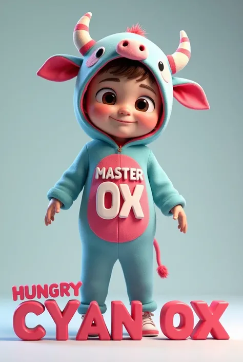 3D cartoon image of a boy wearing a cyan ox costume with the name MASTER OX on the front of her flamingo costume. On the floor is the name "HUNGRY CYAN OX" written in 3D letter style, colorful letters. (All names must be complete and correct spelling) Look...