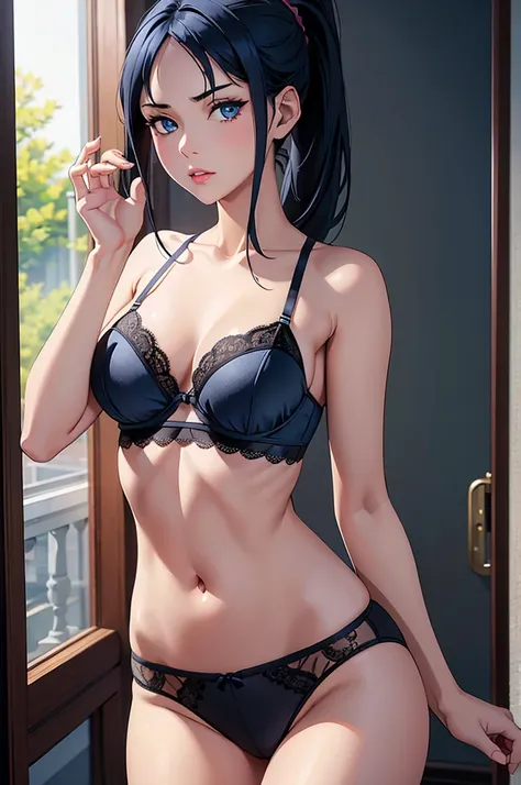 1girl, medium dark blue hair, blue eyes, lingerie, lace black panties, lace black bra, absurdres, high res, ultrasharp, 8K, masterpiece, looking at viewer, midriff , ponytail