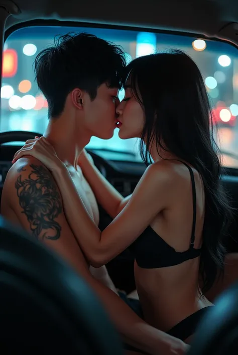  Full body angle creates an Asian couple in a car passionate couple and kiss 20-year-old Korean man with smooth black hair silky skin fixed face athletes physique, tattoos, Natural blue eyes wearing black underwear on the back of a 20-year-old Korean girl ...