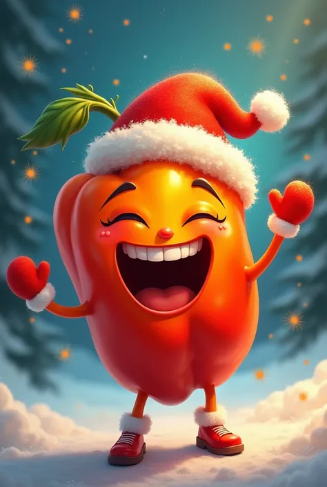 Animated pepper burning with joy with Santa Claus hat 