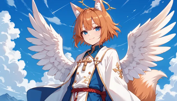 score_9_up, score_8_up, score_7_up, 1boy, solo, source_anime, Beautiful eyes, ((sfw, rating:general)), kemonomimi, , fox ears, fox tail, orange hair, short hair, blue eyes BREAK 

White outfit, priest, gold trim, angel, feathered wings, white wings, halo B...