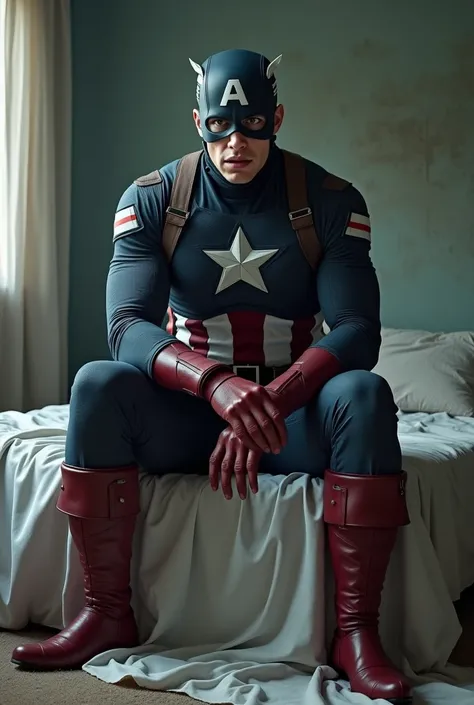 Captain America seated on a bed with a greedy look