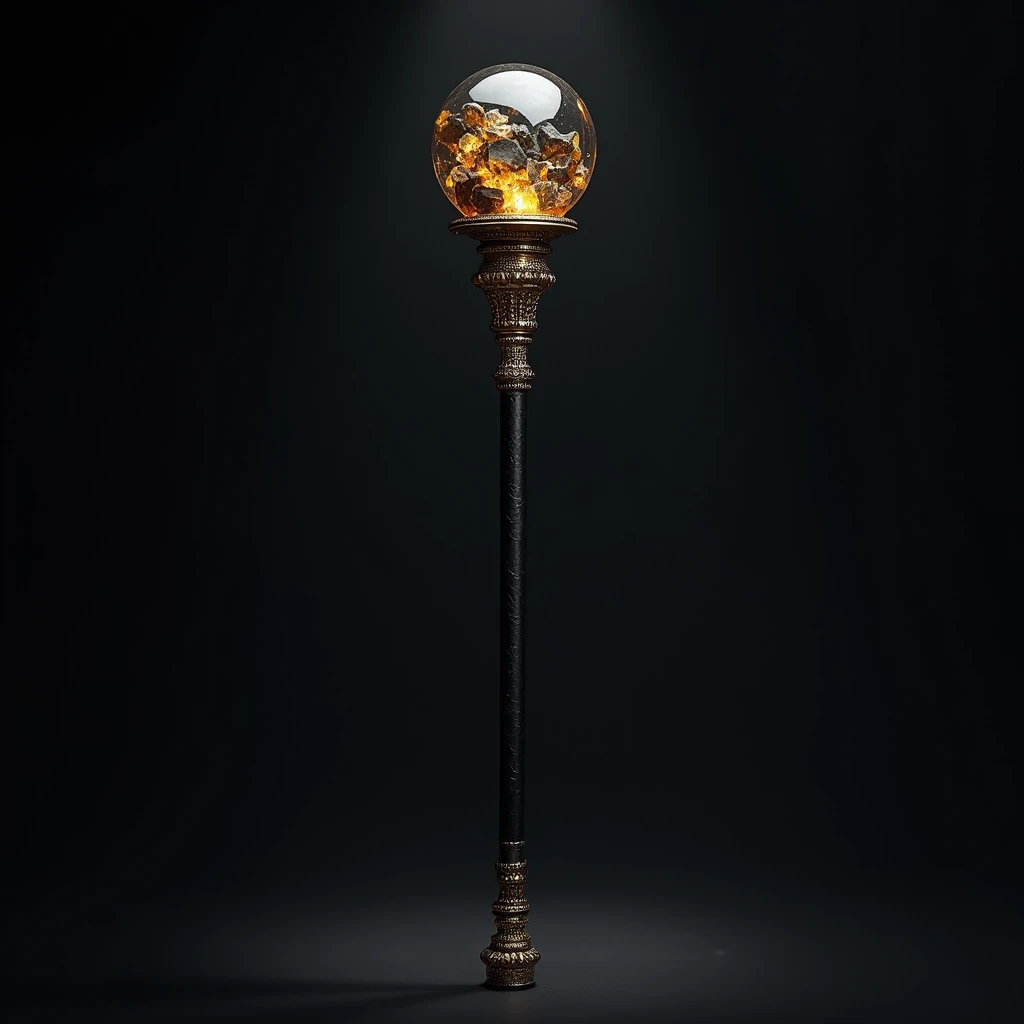  A mystical and luxurious ultra technological black rod that shows high technology, The rod measures about 20cm ,  the bottom is very thin ,  and the top is a ball of precious minerals ,  the rod is magical but you can see high technology . 