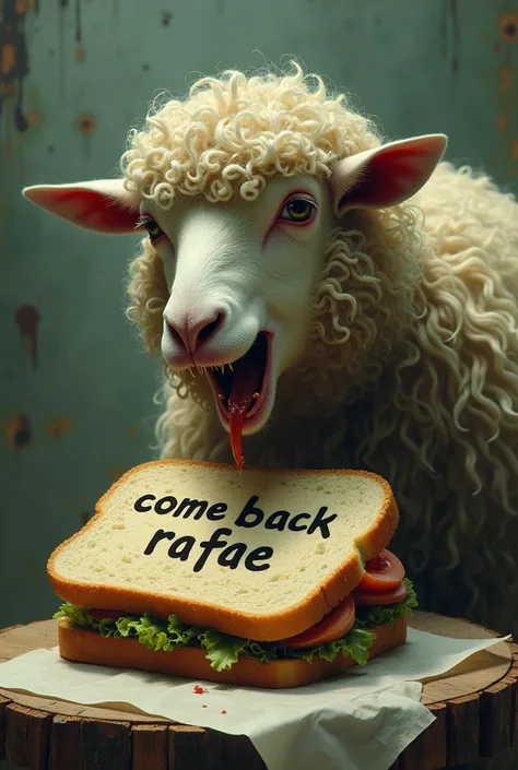 DRAW A DRUGGED AND RABID SHEEP EATING A SANDWICH THAT SAYS COME BACK RAFAE