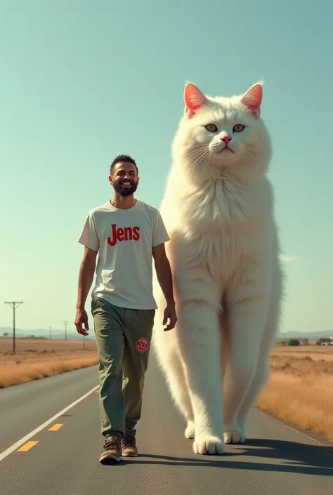 A man wearing a Jens T-shirt and pants that says BEBEB is walking with a very giant angora cat on the highway