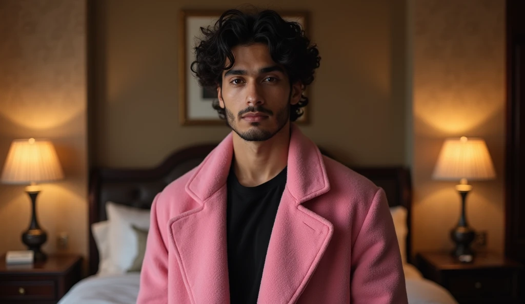 28 year indian young handsome boy wearing pink coat and black t-shirt, curly hairs, luxury room, inside interior room, detailed eyes, cinematic scene, cinematic lighting, ultra realistic, hyper realistic, highly detailed image, Full HD image.