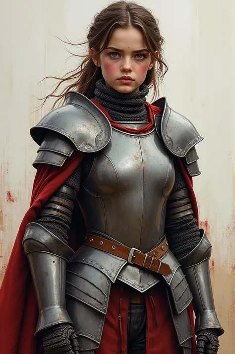 very very young girl, Maisie Williams plays Ayra Stark , Game of Thrones, sexy armor, huge breasts, sexy legs, slut, smooth lines, Express expressions and postures through color ink contrast, The background is war. emphasize light, shadow and space. ((full...