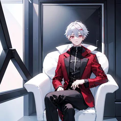   1 boy 、   beautiful eyes ((red))、 Multicolored Hair((  short、Half silver hair  、 Half black hair))、 black suit、 sit cross-legged、Black Room 