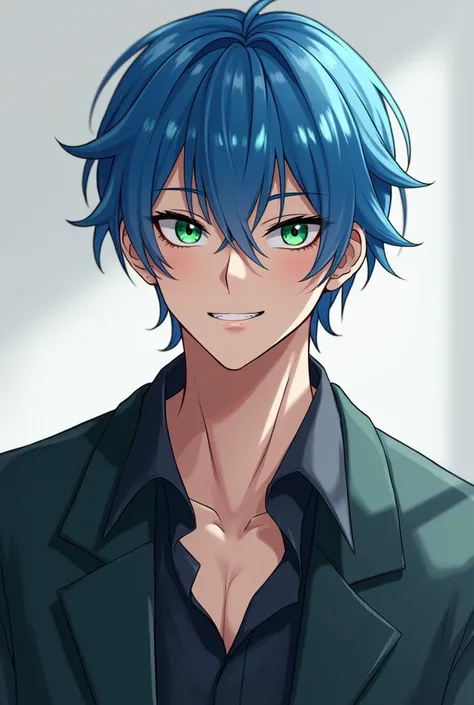 White boy with light green eyes, straight up to the ears, blue hair, smiling with muscles but not so much and elegant clothes. 