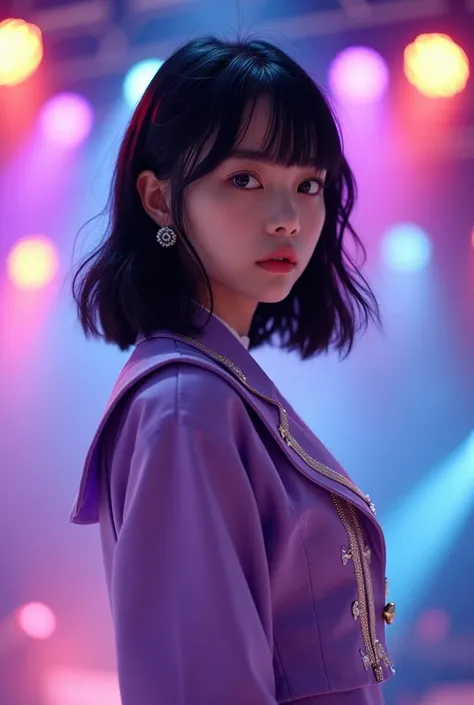  long shot portrait photo of a beautiful girls profile, 1, 、ren、teen girl, young girl, Elegant,  black medium straight hair without bangs , Japanese pop idol , 50mm Portrait,  colorful stage lighting ,  medium wavy hair , Purple and white uniform, Purple a...