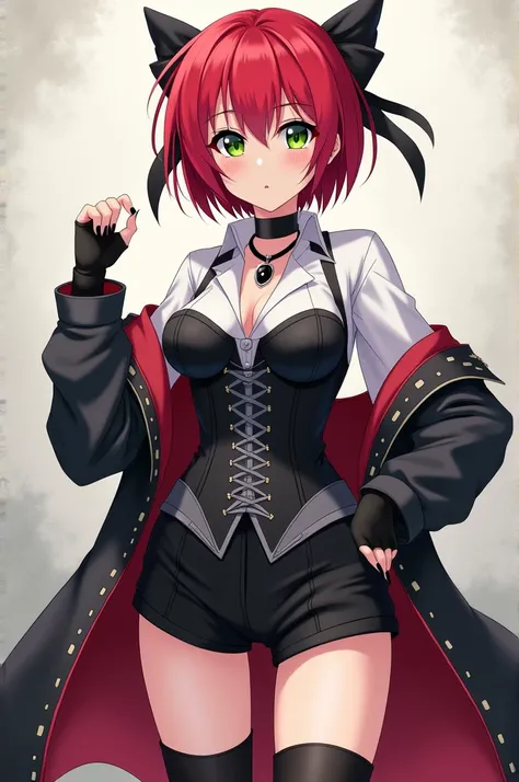 Do an oc of sailor moon , Anime version,  of a red-haired girl with short hair and green eyes , with a black corset with gray details and neckline a white shirt with a neckline that stands out from the ,  with a black choker and a black pendant ,  with a s...