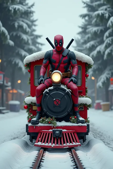  Deadpool is riding a santa claus train on the snow street,snow background ,fir trees ,Realistic image,HD quality,full anggle