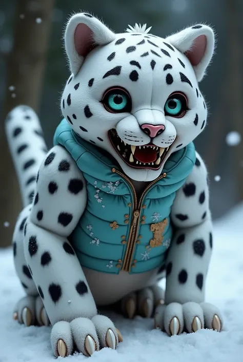 fnaf animatronic.  Snow leopard with a sturdy and elegant structure ,  with white synthetic fur and black spots .  Its eyes shine with a faint icy blue color . It has an agile design ,  with limbs that simulate sharp claws and a long articulated tail .  It...