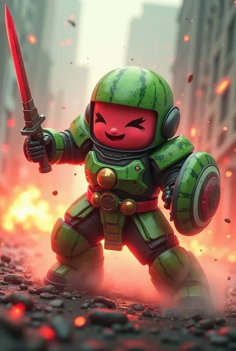 Create cute 3D images with bright and brilliant colors, a cute watermellon soldier, samuraipunk mecha, anthropomorphic, screaming, moving, explosive action, armor and leather, thick fur, foggy, stormy, 70mm, cinematic, highly detailed, swinging his sword a...