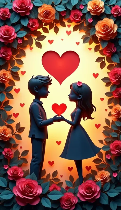 MUKESH love ANJALI stand in love MOOD OF ther garden of roses of many color with holding heart in hand and name in heart MUKESH love ANJALI .paper cut Floral arrangement featuring love and kiss shapes of many type of leaf and big floral rose heart in diffe...