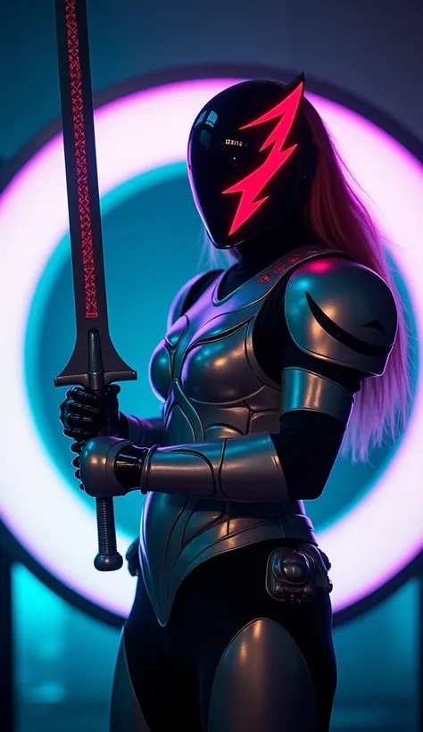 Off-center composition, right-aligned dynamic composition, The image shows a person dressed in a futuristic armor, holding a sword in their right hand. The person is standing in front of a futuristic background with a circular design that appears to be mad...